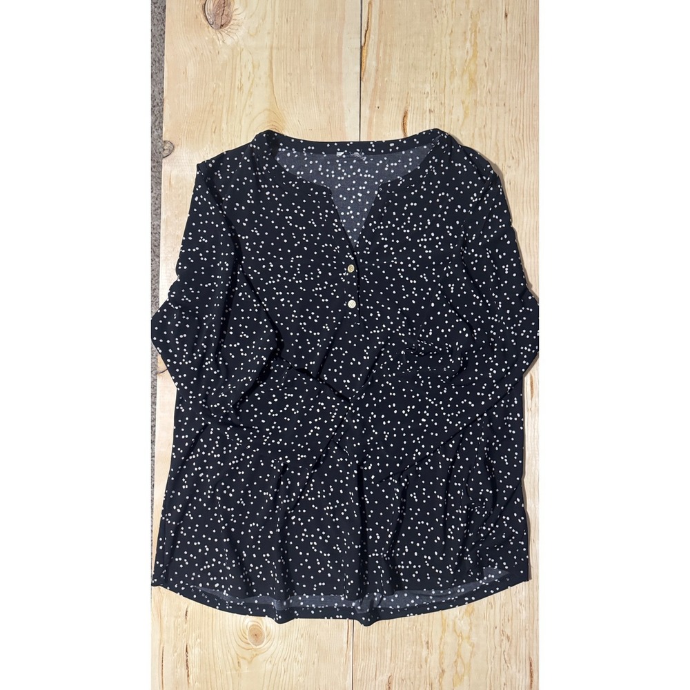 Anne Klein Black White Polka Dot Split Neck Blouse Gold  Buttons Long Sleeve Top